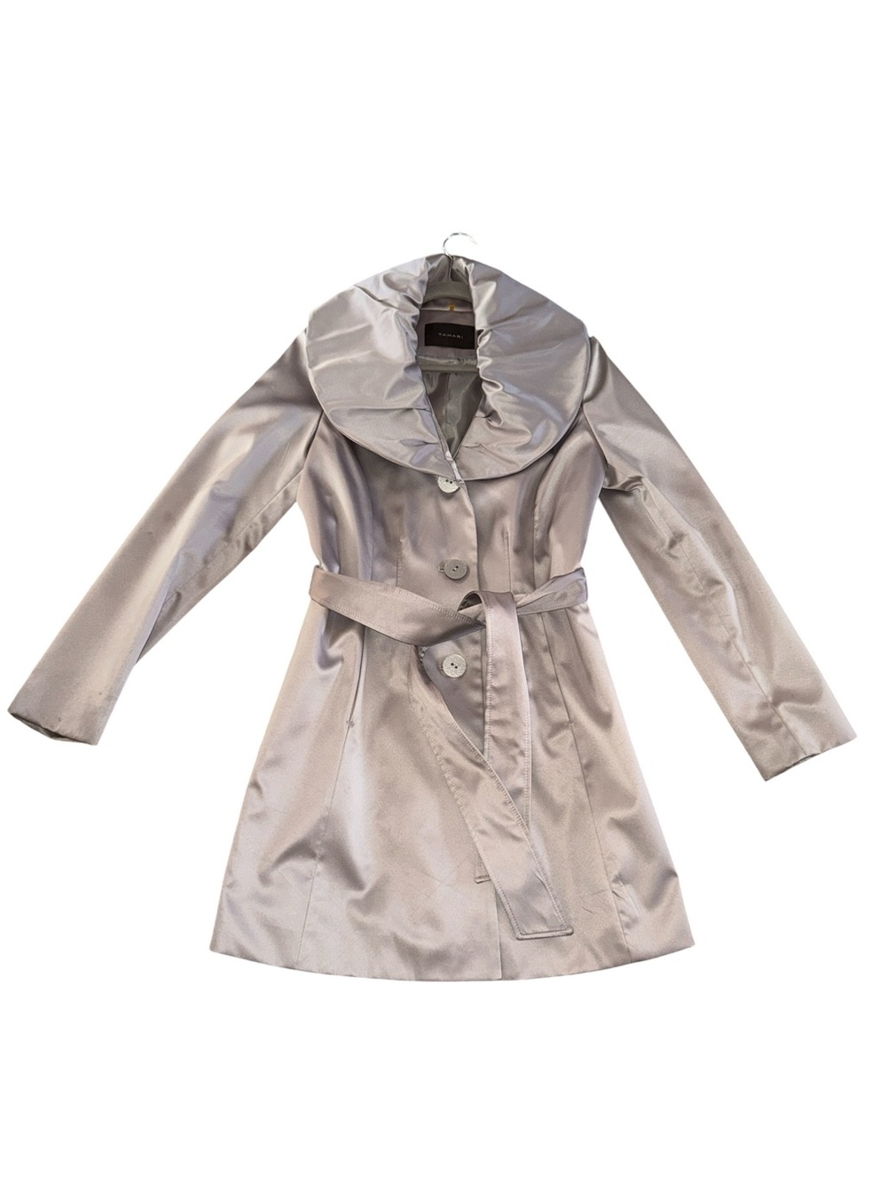 Tahari Silver Satin Trench Coat with Draped Shawl Collar